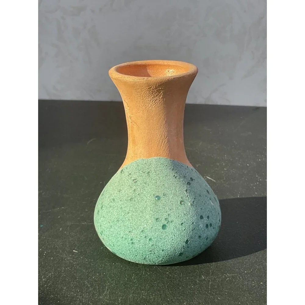 Handcrafted Ceramic Bud Vase With Textured Green & Natural Terracotta Finish
